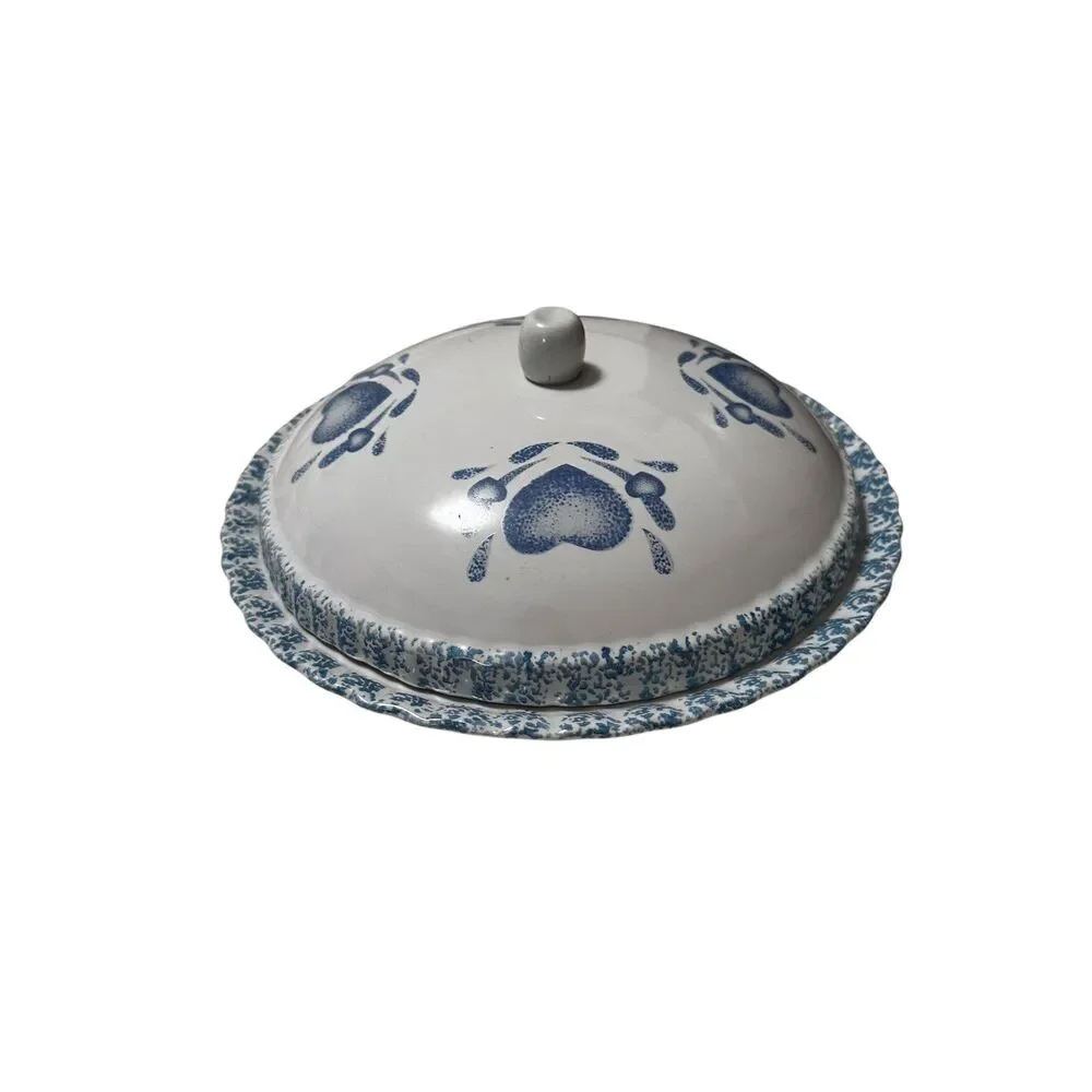Blue Heart Spongeware 11”  Country Ceramic Pie Keeper Cottagecore Grannycore